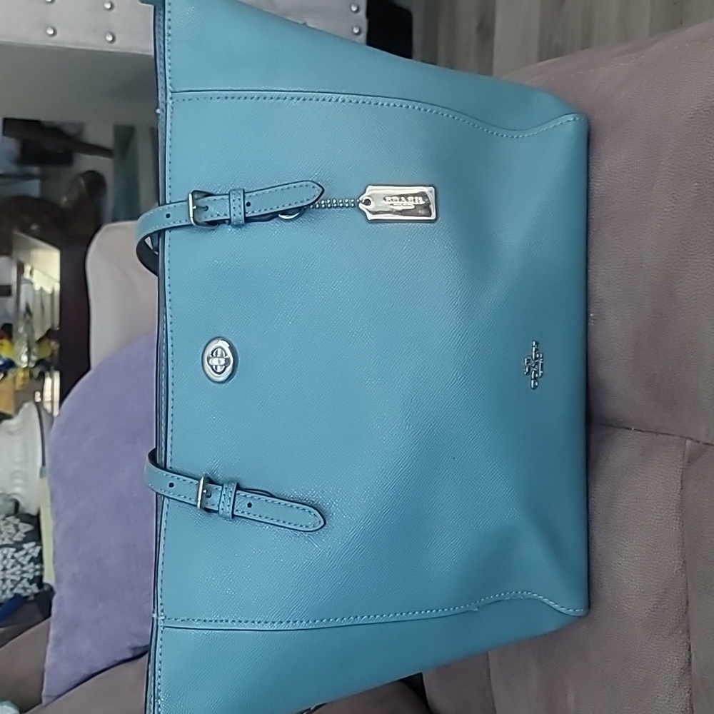 Coach Blue Leather Turnlock Tote Bag Large Laptop